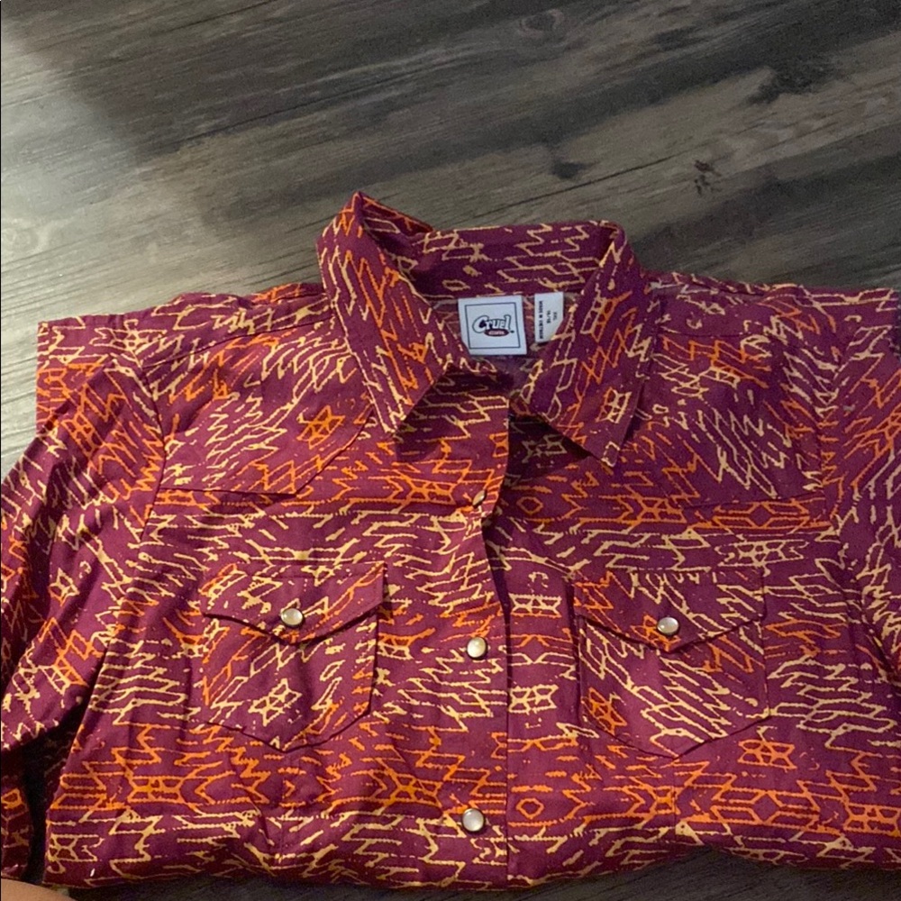 Vibrant Red and Orange Button Down Shirt with Geometric Design